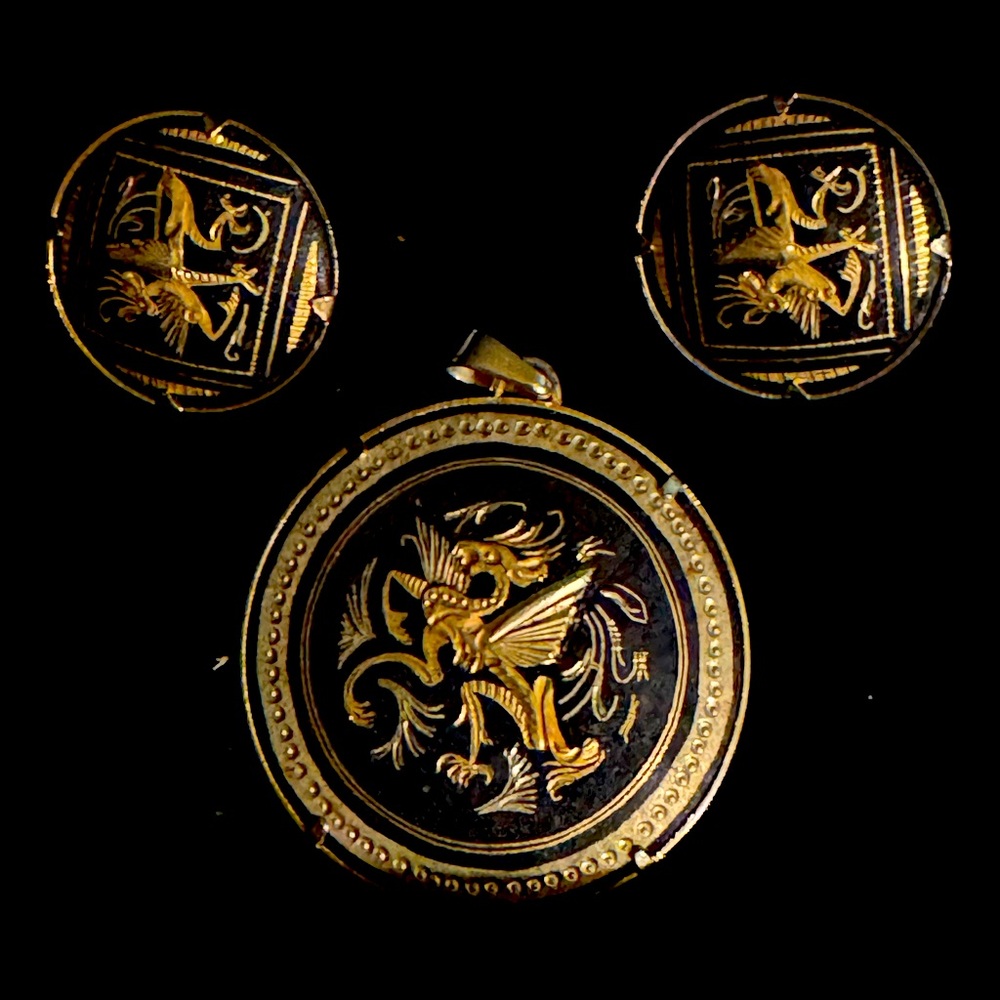 Vintage Damascene Dragon Pendant & Clip-On Earrings